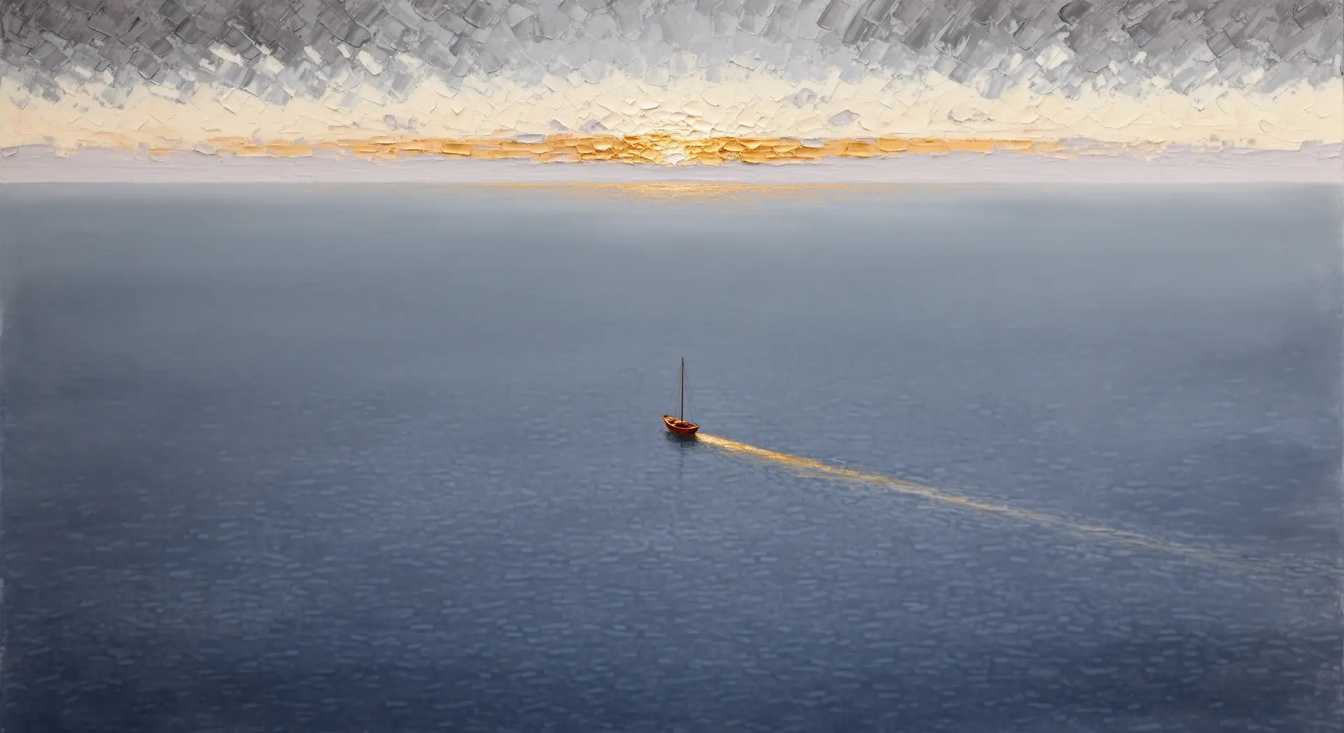 Oil painting of a vast calm sea with one small boat alone on the water, a gold light trail leading to it