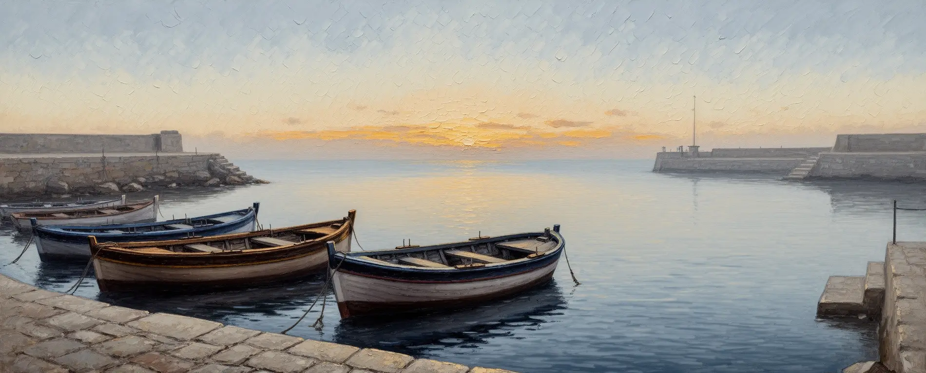 Oil painting of a quiet harbor at dawn, small wooden boats moored on calm water