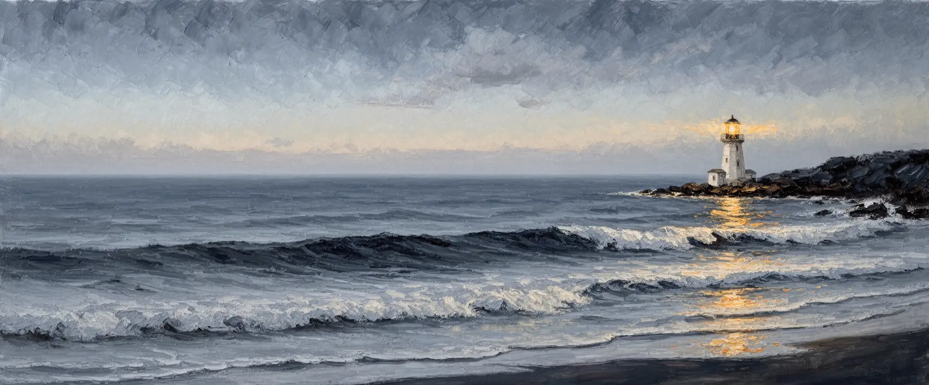 Oil painting of a small white lighthouse with a lit gold lamp on a rocky point, calm sea at dawn