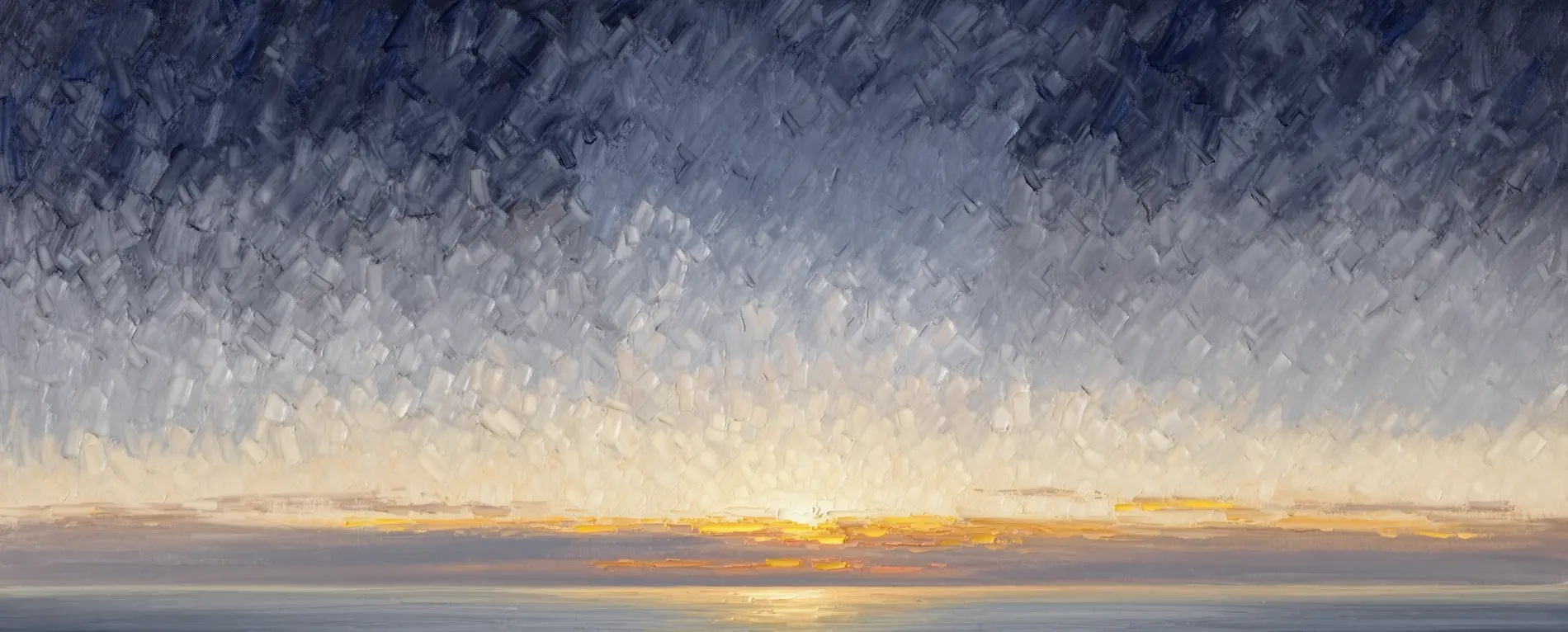 Oil painting of a dawn sky over a calm sea, warm gold light on the horizon